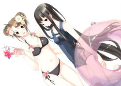 Rule 34 | 2girls, bikini, black bikini, black eyes, black hair, blunt bangs, breasts, brown eyes, brown hair, daisy, double bun, drink, drinking straw, dutch angle, expressionless, flower, hair bun, hair flower, hair ornament, hand on another&#039;s hip, hibiscus, holding, innertube, kneeling, long hair, looking at viewer, medium breasts, multiple girls, name tag, one-piece swimsuit, open mouth, pink flower, pink rose, rose, school swimsuit, side-tie bikini bottom, simple background, small breasts, smile, swim ring, swimsuit, thigh gap, transparent, very long hair, white background