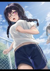 Rule 34 | 2girls, absurdres, blue shorts, blue sky, blush, braid, breasts, glasses, gym uniform, highres, large breasts, long hair, low twin braids, multiple girls, one eye closed, open mouth, original, shirt, short sleeves, shorts, sky, solo focus, sweat, twin braids, white shirt, yufou