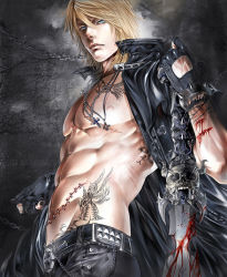 Rule 34 | 1boy, belt, blonde hair, blood, blue eyes, chain, cross, cross necklace, fantasy, forest, gloves, goth fashion, injury, jacket, jewelry, kazuo-sama, leaf, male focus, nature, necklace, night, nipples, original, outdoors, pants, scratches, topless male, short hair, skull, solo, sword, tattoo, torture, tree, weapon