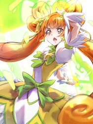 Rule 34 | 1girl, clear glass (mildmild1311), commentary request, cure rosetta, dokidoki! precure, dress, earrings, eyelashes, gloves, hair ornament, highres, jewelry, long hair, looking at viewer, magical girl, open mouth, orange hair, precure, puffy short sleeves, puffy sleeves, serious, short sleeves, solo, twintails, white gloves, yellow eyes, yotsuba alice