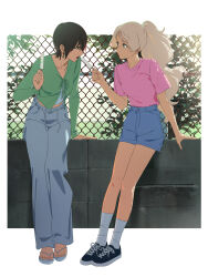 Rule 34 | 2girls, black hair, blue shorts, chain-link fence, commentary, eating, feeding, fence, flip-flops, food, green shirt, grey pants, highres, holding, holding food, holding popsicle, k (kamo kamen), kamo kamen, la chancla, leaning on object, looking at another, m (kamo kamen), multiple girls, no socks, original, outdoors, pants, pink shirt, popsicle, sandals, shirt, shorts, socks, t-shirt, white hair, white socks