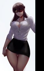 Rule 34 | 1girl, absurdres, bad id, bad pixiv id, beidou (genshin impact), between breasts, black skirt, blouse, breasts, brown eyes, brown hair, cleavage, closed mouth, contemporary, eyepatch, formal, genshin impact, highres, large breasts, looking at viewer, office lady, panties, shirt, skirt, skirt suit, smirk, solo, standing, suit, thigh gap, underwear, white shirt, zaki (zaki btw)