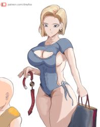 Rule 34 | android 18, bad id, bad twitter id, bag, dragon ball, dreyfos, holding, holding bag, self-upload, simple background, tagme, watermark, web address, white background