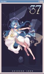 Rule 34 | 1girl, 37 (reverse:1999), absurdres, ancient greek clothes, armlet, bare legs, barefoot, blue eyes, blue hair, character name, copyright name, floating hair, full body, greco-roman clothes, highres, kwang (nakwangg), long hair, outstretched arm, pillar, pixel art, purple background, reverse:1999, single sleeve, solo, toga, triangle, very long hair, wide sleeves, window (computing)