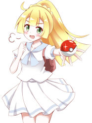Rule 34 | 1girl, :d, backpack, bag, blonde hair, blush, clenched hand, cowboy shot, creatures (company), doyagao, game freak, green eyes, hachimi, holding, holding poke ball, lillie (pokemon), long hair, looking at viewer, nintendo, open mouth, outstretched arm, pleated skirt, poke ball, poke ball (basic), pokemon, pokemon sm, ponytail, puff of air, shirt, short sleeves, skirt, smile, smug, solo, white background, white shirt, white skirt