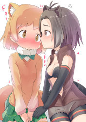 Rule 34 | 10s, 2girls, :&lt;, american beaver (kemono friends), animal ears, beaver ears, bike shorts, bike shorts under shorts, black-tailed prairie dog (kemono friends), black eyes, black gloves, black hair, blush, bow, bowtie, breasts, brown eyes, commentary, elbow gloves, embarrassed, face-to-face, fur collar, gloves, hand on another&#039;s thigh, heart, highres, jacket, kemono friends, long sleeves, makuran, medium breasts, multiple girls, nose blush, open clothes, open jacket, orange hair, plaid, plaid skirt, short hair, short shorts, short sleeves, shorts, simple background, skirt, tail, white background, yuri