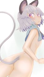 Rule 34 | 1girl, animal ears, arms at sides, ass, back, blush, capelet, dutch angle, flat ass, from behind, gradient background, grey hair, ishikkoro, jewelry, looking at viewer, looking back, mouse ears, mouse tail, nazrin, necklace, nude, red eyes, short hair, simple background, solo, sweatdrop, tail, touhou, white background