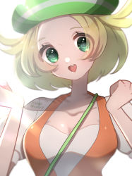 Rule 34 | 1girl, :d, absurdres, artist name, bad neck, bianca (pokemon), blonde hair, breasts, cleavage, creatures (company), flipped hair, game freak, green eyes, green headwear, hands up, highres, kurumiya (krmy p), looking at viewer, nintendo, open mouth, pokemon, pokemon bw, short hair, simple background, small breasts, smile, solo, upper body, white background