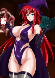 Rule 34 | 1girl, ahoge, black gloves, blue eyes, blurry, blurry background, book, breasts, cape, center opening, cleavage, clothing cutout, commentary request, covered erect nipples, covered navel, gloves, grey thighhighs, hat, high school dxd, highleg, highleg leotard, highres, holding, holding book, indoors, large breasts, latex, latex gloves, latex leotard, latex thighhighs, leotard, long hair, magic circle, nado.e, open mouth, pentagram, purple cape, purple hat, purple leotard, reading, red hair, revealing clothes, rias gremory, shiny skin, solo, tentacles, thighhighs, witch hat