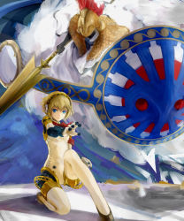 Rule 34 | aegis (persona), android, athena (megami tensei), atlus, blonde hair, blue eyes, conjaku, hairband, highres, holding, holding polearm, holding spear, holding weapon, on one knee, palladion, persona, persona 3, polearm, ribbon, shield, short hair, smile, spear, weapon