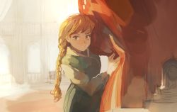 Rule 34 | 1girl, anna (frozen), bad id, bad twitter id, braid, brown hair, curtains, freckles, frozen (disney), grey eyes, hiphip hurray, long hair, long sleeves, looking at viewer, panbukin, sketch, solo