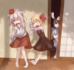 Rule 34 | + +, 4girls, :3, animal ears, bandages, blonde hair, blush, child, cirno, closed eyes, dress, fang, female focus, happy, hat, hugging another&#039;s tail, inaba tewi, inubashiri momiji, junwool, multiple girls, one eye closed, rabbit ears, rumia, sliding doors, smile, socks, standing, symbol-shaped pupils, tail, hugging tail, tears, tokin hat, touhou, white hair, wince, wolf tail