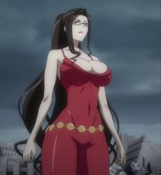 Rule 34 | 00s, 1girl, bare shoulders, blue eyes, breasts, brown hair, cleavage, covered navel, dragonaut, female focus, glasses, kitajima yuuri, large breasts, lipstick, long hair, makeup, screencap, solo, standing, stitched, third-party edit, very long hair