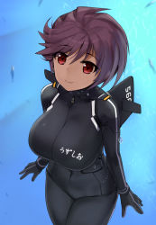 Rule 34 | 1girl, ahoge, breasts, commentary request, japan maritime self-defense force, japan self-defense force, kuuro kuro, large breasts, looking at viewer, mecha musume, military, name tag, original, personification, purple hair, red eyes, short hair, smile, solo, swimsuit, underwear