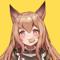 Rule 34 | 1girl, animal ears, arknights, brown eyes, brown hair, ceobe (arknights), closed mouth, dog ears, dog girl, facing viewer, food, food in mouth, hair between eyes, highres, jacket, light blush, long hair, looking at viewer, nalphanne, simple background, smile, solo, yellow background