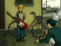 Rule 34 | 2boys, :d, bass guitar, bicycle, blonde hair, blue eyes, blue hair, building, camera, closed eyes, denim, grass, grin, holding, holding camera, horuda, instrument, jeans, kagamine len, kaito (vocaloid), long sleeves, male focus, multiple boys, open mouth, outdoors, pants, power lines, sandals, shirt, short hair, smile, standing, striped clothes, striped shirt, utility pole, v, vocaloid