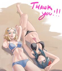 Rule 34 | 2girls, :d, arm up, armpits, bare arms, bare legs, barefoot, bikini, black bikini, blonde hair, blue bikini, blue eyes, blue hair, breasts, byleth (female) (fire emblem), byleth (fire emblem), commentary, cowboy shot, feet, feet out of frame, fire emblem, fire emblem: three houses, fire emblem heroes, flower, green eyes, hair flower, hair ornament, highres, knee up, large breasts, legs, long hair, looking at viewer, lying, multiple girls, navel, nintendo, official alternate costume, on back, open mouth, pomelomelon, princess zelda, red flower, smile, stomach, swimsuit, thank you, the legend of zelda, the legend of zelda: tears of the kingdom, thighs, toenails, toes, upside-down