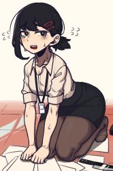 Rule 34 | 1girl, black eyes, black hair, black skirt, bright pupils, chainsaw man, collared shirt, formal, full body, hair ornament, hairclip, higashiyama kobeni, highres, id card, kneeling, knife, lanyard, looking at viewer, masgamjya, no shoes, office lady, open mouth, pantyhose, papers, ponytail, shirt, shirt tucked in, short hair, short ponytail, simple background, skirt, skirt suit, sleeves rolled up, solo, spill, suit, sweat, tears, teeth, thick thighs, thighs, tile floor, tiles, white background, white pupils, white shirt