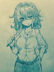 Rule 34 | 1girl, alternate costume, arrow (symbol), belt, blush, breasts, buttons, closed mouth, collarbone, collared shirt, commentary request, cone horns, cowboy shot, earrings, efukei, glasses, hair between eyes, hand on own hip, highres, holding, horns, jewelry, kijin seija, looking at viewer, mature female, medium breasts, monochrome, naughty face, navel, necklace, pointer, semi-rimless eyewear, shirt, smile, solo, teacher, touhou, traditional media, under-rim eyewear
