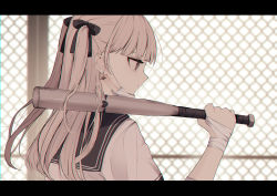 Rule 34 | 1girl, absurdres, bad id, bad pixiv id, bandaged arm, bandaged hand, bandages, baseball bat, black bow, black sailor collar, blurry, blurry background, bow, brown hair, chain-link fence, chromatic aberration, closed mouth, depth of field, earrings, eyebrows hidden by hair, fence, gold trim, grey eyes, hair bow, heart, heart earrings, highres, holding, holding baseball bat, jewelry, letterboxed, looking away, metal baseball bat, original, profile, sailor collar, shirt, short sleeves, solo, tsuruse, two side up, upper body, white shirt