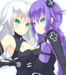 Rule 34 | 10s, 2girls, aqua eyes, black heart (neptunia), blue eyes, blush, bodysuit, braid, breast hold, breast press, breasts, cleavage, elbow gloves, eye contact, female focus, gloves, grabbing, grabbing another&#039;s breast, green eyes, kuro (be ok), long hair, looking at another, multiple girls, neptune (neptunia), neptune (series), noire (neptunia), purple hair, purple heart (neptunia), simple background, small breasts, symbol-shaped pupils, symmetrical docking, white hair, yuri