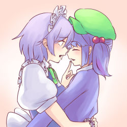Rule 34 | 2girls, blue dress, blue hair, closed eyes, dress, face-to-face, finger to another&#039;s mouth, from side, green hat, grey hair, hair bobbles, hair ornament, hat, highres, hug, izayoi sakuya, kawashiro nitori, looking at another, multiple girls, open mouth, touhou, upper body, wrist cuffs, yoruny, yuri