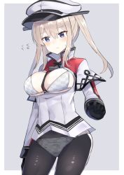 Rule 34 | 1girl, between breasts, black gloves, black pantyhose, blonde hair, border, bra, breasts, capelet, celtic knot, checkered bra, checkered clothes, checkered panties, commentary request, cowboy shot, gloves, graf zeppelin (kancolle), grey background, grey eyes, hair between eyes, hat, highres, kantai collection, large breasts, meme, military, military hat, military uniform, necktie, necktie between breasts, no pants, nonon (xenonbot), open mouth, panties, pantyhose, peaked cap, sidelocks, solo, standing, twintails, two-tone background, underwear, uniform, white border