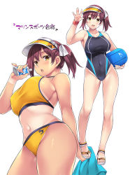 Rule 34 | 1girl, bikini, black one-piece swimsuit, breasts, brown hair, commentary request, competition swimsuit, cowboy shot, large breasts, long hair, looking at viewer, mizuhara yuu, multiple views, one-piece swimsuit, one-piece tan, original, simple background, sports bikini, standing, swimsuit, tan, tanline, translation request, twintails, visor cap, white background, wide hips, yellow bikini, yellow eyes
