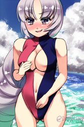 Rule 34 | 1girl, adapted costume, bad id, bad pixiv id, beach, black eyes, blush, breasts, cleavage, front zipper swimsuit, gorota, long hair, meme attire, navel, one-piece swimsuit, silver hair, solo, swimsuit, tears, touhou, twitter username, very long hair, yagokoro eirin