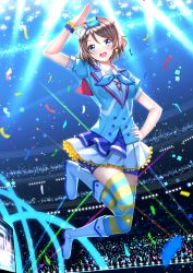Rule 34 | 10s, 1girl, aozora jumping heart, arm up, audience, blue eyes, blush, boots, bow, breasts, brown hair, confetti, earrings, hair bow, hand on own hip, highres, idol, jewelry, jumping, looking at viewer, love live!, love live! school idol project, love live! sunshine!!, open mouth, salute, short hair, skirt, smile, solo, stage, striped clothes, striped legwear, striped thighhighs, swordsouls, thighhighs, watanabe you