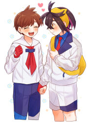 Rule 34 | 2boys, :d, backpack, bag, blue pants, blue shirt, blueberry academy school uniform, blush, brown hair, closed eyes, closed mouth, collared shirt, commentary request, creatures (company), florian (pokemon), flower (symbol), game freak, gloves, hairband, heart, highres, holding hands, jacket, kieran (pokemon), male focus, mochi (mocchi p 2m), multiple boys, neckerchief, necktie, nintendo, open mouth, pants, pokemon, pokemon sv, red gloves, red neckerchief, red necktie, school uniform, shirt, short hair, shorts, single glove, smile, teeth, upper teeth only, white background, white jacket, white shirt, white shorts, yaoi, yellow bag, yellow hairband