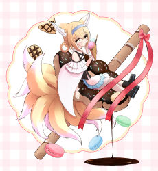 Rule 34 | 1girl, absurdres, animal ears, arknights, bare shoulders, black hair, blonde hair, blue hairband, blush, braid, cape, chocolate, doughnut, dress, food, fox ears, fox girl, fox tail, hairband, highres, holding, holding food, holding ice cream, ice cream, ice cream cone, kitsune, kyuubi, long hair, looking at viewer, macaron, moepu., multiple tails, pantyhose, sitting, solo, suzuran (arknights), tail, tongue, tongue out, wafer stick, waffle cone, white cape, white dress, white pantyhose, white wrist cuffs, wrist cuffs, yellow eyes