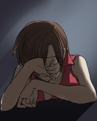 Rule 34 | 1girl, backlighting, bare arms, brown hair, covering own eyes, crying, elbow rest, fingernails, gradient background, grimace, lowres, meiko (vocaloid), shadow, shirt, short hair, simple background, sleeveless, sleeveless shirt, sobbing, solo, tears, vocaloid