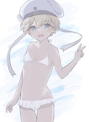 Rule 34 | 1girl, bare arms, bare legs, bare shoulders, bikini, blonde hair, blue eyes, blush, clothes writing, cowboy shot, hair between eyes, hat, highres, kantai collection, looking at viewer, navel, open mouth, sailor hat, short hair, smile, solo, suihei, swimsuit, thigh gap, v, white bikini, white hat, z1 leberecht maass (kancolle)