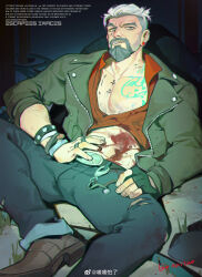 Rule 34 | 1boy, absurdres, asymmetrical sleeves, bara, beard, blood, camera flash, chest hair, dark, dead by daylight, facial hair, foot out of frame, goatee, grey hair, highres, injury, jacket, jewelry, large pectorals, looking at viewer, male focus, mature male, multiple rings, muscular, muscular male, old, old man, open clothes, open jacket, pants, pectoral cleavage, pectorals, ring, short hair, sideburns stubble, sitting, sleeves rolled up, solo, spread legs, stubble, thick eyebrows, thick mustache, undercut, vittorio toscano, wiping blood, yamariceball