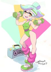 Rule 34 | 1girl, 2017, absurdres, artist name, breasts, colo (nagrolaz), dated, dumbbell, earrings, fangs, full body, green leotard, hairband, highres, inkling, jewelry, leotard, looking at viewer, marie (splatoon), mask, mole, mole under eye, nintendo, open mouth, pointy ears, radio, shoes, simple background, smile, sneakers, solo, splatoon (series), sweatdrop, symbol-shaped pupils, teeth, training, white background, white hair, yellow eyes