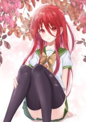 Rule 34 | 1girl, ahoge, black thighhighs, bow, brown bow, commentary, convenient leg, feet out of frame, green sailor collar, green skirt, hair between eyes, highres, knees together feet apart, knees up, long hair, looking at viewer, parted lips, pleated skirt, puffy short sleeves, puffy sleeves, red eyes, red hair, revision, sailor collar, shakugan no shana, shana, shirt, short sleeves, sitting, skirt, solo, teratsuki, thighhighs, very long hair, white shirt