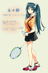 Rule 34 | 10s, 1girl, alternate costume, aqua eyes, aqua hair, badminton racket, bottle, character name, from side, full body, green background, highres, isuzu (kancolle), kantai collection, long hair, looking at viewer, racket, sahuyaiya, shirt, shoes, shorts, simple background, skirt, smile, sneakers, solo, sportswear, standing, t-shirt, tennis racket, tennis uniform, translation request, twintails, water bottle