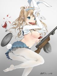 Rule 34 | 1girl, alcohol, blue eyes, breasts, carrot, convenient censoring, cup, drinking glass, food in mouth, girls&#039; frontline, gloves, gun, highres, leotard, light brown hair, long hair, medium breasts, meme attire, nipples, pantyhose, playboy bunny, pleated skirt, rabbit pose, rabbit tail, reverse bunnysuit, reverse outfit, skirt, submachine gun, suomi (girls&#039; frontline), suomi kp/-31, tail, tray, vinsentyu, weapon, wine, wine glass