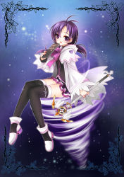 Rule 34 | 1girl, aisha landar, black thighhighs, blue background, book, bow, coat, elemental master (elsword), elsword, from side, full body, gradient background, kokutou mimi, pink bow, purple background, purple eyes, purple hair, purple skirt, ribbon, shoes, short hair, skirt, smile, solo, thighhighs, twintails, wind