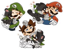 Rule 34 | 2boys, animal costume, blue eyes, blue overalls, brown hair, cat costume, cat luigi, dr. mario, dr. mario (game), facial hair, gloves, green shirt, hat, highres, luigi, male focus, mario, mario (series), mimimi (mimimim9999), mr. l, multiple boys, mustache, nintendo, overalls, paper mario, shirt, short hair, super mario 3d world, super paper mario, white gloves