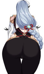 Rule 34 | 1girl, ass, ass focus, bodysuit, braid, cameltoe, from behind, genshin impact, hair ornament, hella p, highres, hip vent, huge ass, long hair, low-braided long hair, low-tied long hair, shenhe (genshin impact), silver hair, simple background, skin tight, solo, thighs, very long hair, white background