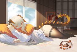 Rule 34 | 1girl, arknights, bed sheet, black bra, black panties, black thighhighs, bra, breasts, creature, dragon girl, dragon horns, dragon tail, foot up, full body, grey hair, hair between eyes, highres, horns, indoors, infection monitor (arknights), jewelry, large breasts, lingerie, long hair, long sleeves, looking at viewer, lying, najashi, hugging object, on bed, on stomach, panties, pillow, pillow hug, ring, saria (arknights), shelf, solo, sunlight, tail, television, thighhighs, underwear, vase, very long hair, window