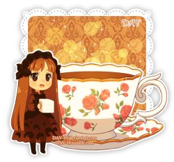 Rule 34 | 1girl, :d, artist name, black pantyhose, blush, brown dress, brown eyes, brown hair, chibi, commentary, cup, dav-19, dress, floral print, food, full body, holding, holding food, lace background, long hair, open mouth, original, pantyhose, personification, print cup, saucer, see-through, see-through silhouette, smile, solo, standing, sugar cube, tea, teacup, transparent background, very long hair, watermark, web address