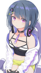 Rule 34 | 1girl, bare shoulders, black camisole, black choker, blue hair, boyshort panties, breasts, camisole, chair, choker, collarbone, commentary, crop top, downblouse, gaming chair, hair ornament, hairclip, headphones, headphones around neck, highres, hood, hooded jacket, jacket, koshimizu toru, koshimizu toru (1st costume), lightning bolt, lightning bolt hair ornament, lightning bolt symbol, looking at viewer, medium breasts, mole, mole under eye, navel, nijisanji, no pants, off shoulder, panties, purple eyes, purple jacket, purple nails, shio kojo, short hair, sitting, sleeves past wrists, solo, swivel chair, triangle hair ornament, underwear, virtual youtuber, white jacket, yellow panties