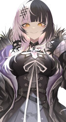 Rule 34 | 1girl, absurdres, bare shoulders, belt, black belt, black coat, black dress, black hair, black nails, blunt bangs, breasts, chest belt, choker, coat, dress, fur-trimmed coat, fur trim, grey hair, grey skirt, highres, hololive, hololive english, lace, lace choker, large breasts, long hair, looking at viewer, multicolored hair, off shoulder, purple coat, ribbon, shiori novella, shiori novella (1st costume), simple background, skirt, smile, solo, split-color hair, two-tone hair, virtual youtuber, weyas kayur, white background, white hair, white ribbon, yellow eyes, yorick (shiori novella)
