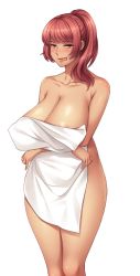 Rule 34 | 1girl, areola slip, artist request, blush, breasts, cleavage, crossed arms, curvy, dark skin, huge breasts, licking lips, looking at viewer, mature female, morisaki megumi, naked towel, naughty face, okusama wa moto yari man, ponytail, red eyes, red hair, sagging breasts, simple background, tongue, tongue out, towel, wide hips