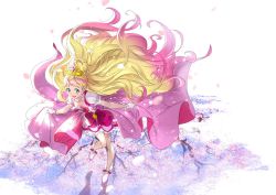 Rule 34 | :d, blonde hair, bow, cherry blossoms, collarbone, cure flora, dress, dress bow, earrings, floating hair, flower, flower earrings, flower necklace, frills, from above, gloves, go! princess precure, green eyes, haruno haruka, hoshi (xingspresent), jewelry, long hair, looking at viewer, magical girl, multicolored hair, necklace, open mouth, petals, pink dress, pink hair, precure, puffy short sleeves, puffy sleeves, shoes, short sleeves, skirt hold, smile, solo, streaked hair, thick eyebrows, tiara, two-tone hair, very long hair, waist bow, white gloves