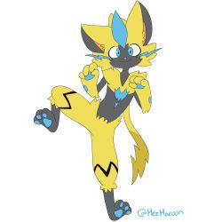 Rule 34 | 1boy, :3, animal ears, animal hands, artist name, blue eyes, cat ears, closed mouth, creatures (company), full body, furry, furry male, game freak, gen 5 pokemon, gen 7 pokemon, hands up, happy, highres, jpeg artifacts, leg lift, leg up, legendary pokemon, looking at viewer, male focus, mezmaroon, mythical pokemon, nintendo, pawpads, pokemon, pokemon (creature), simple background, smile, solo, spread legs, standing, standing on one leg, tail, twitter username, whiskers, white background, zeraora