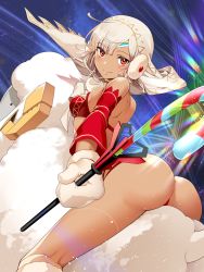 Rule 34 | 1girl, altera (fate), altera the santa (fate), ass, blunt bangs, blush, breasts, choker, dark-skinned female, dark skin, detached sleeves, earmuffs, fate/grand order, fate (series), gloves, hair between eyes, hakka (88hk88), headdress, highres, light trail, looking at viewer, night, night sky, outdoors, photon ray (fate), red eyes, revealing clothes, riding, sheep, short hair, sky, small breasts, smile, solo, star (sky), tan, tattoo, veil, white gloves, white hair